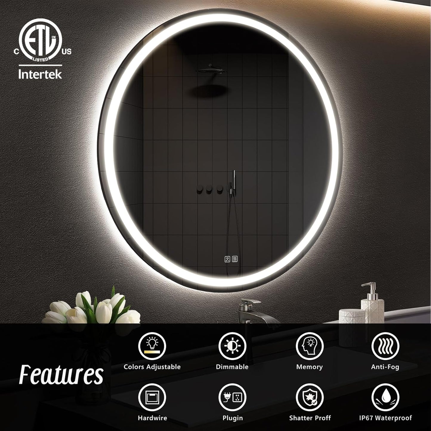 APRILSOUL 28 Inch Round LED Bathroom Mirror with Lights, Makeup Mirror with Front and Backlit, Anti-Fog, 3 Colors and Dimmable Light