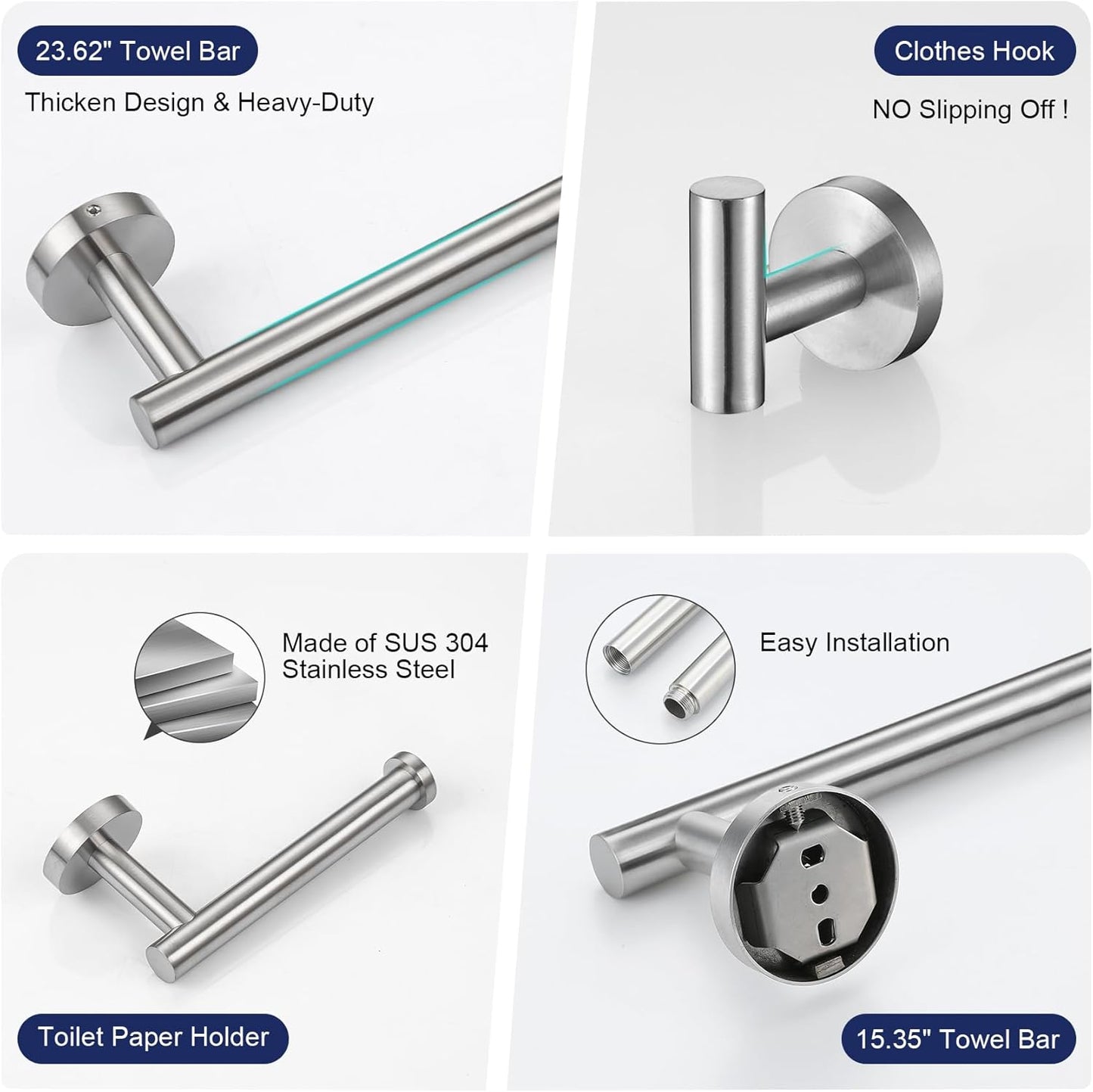 Bathroom Hardware Accessories Set Brushed Nickel Towel Bar Sets Include Double Towel Bars (23.6" and 15.35") Toilet Paper Holder Double Towel Hooks, 5 Pieces Stainless Steel Wall Mounted