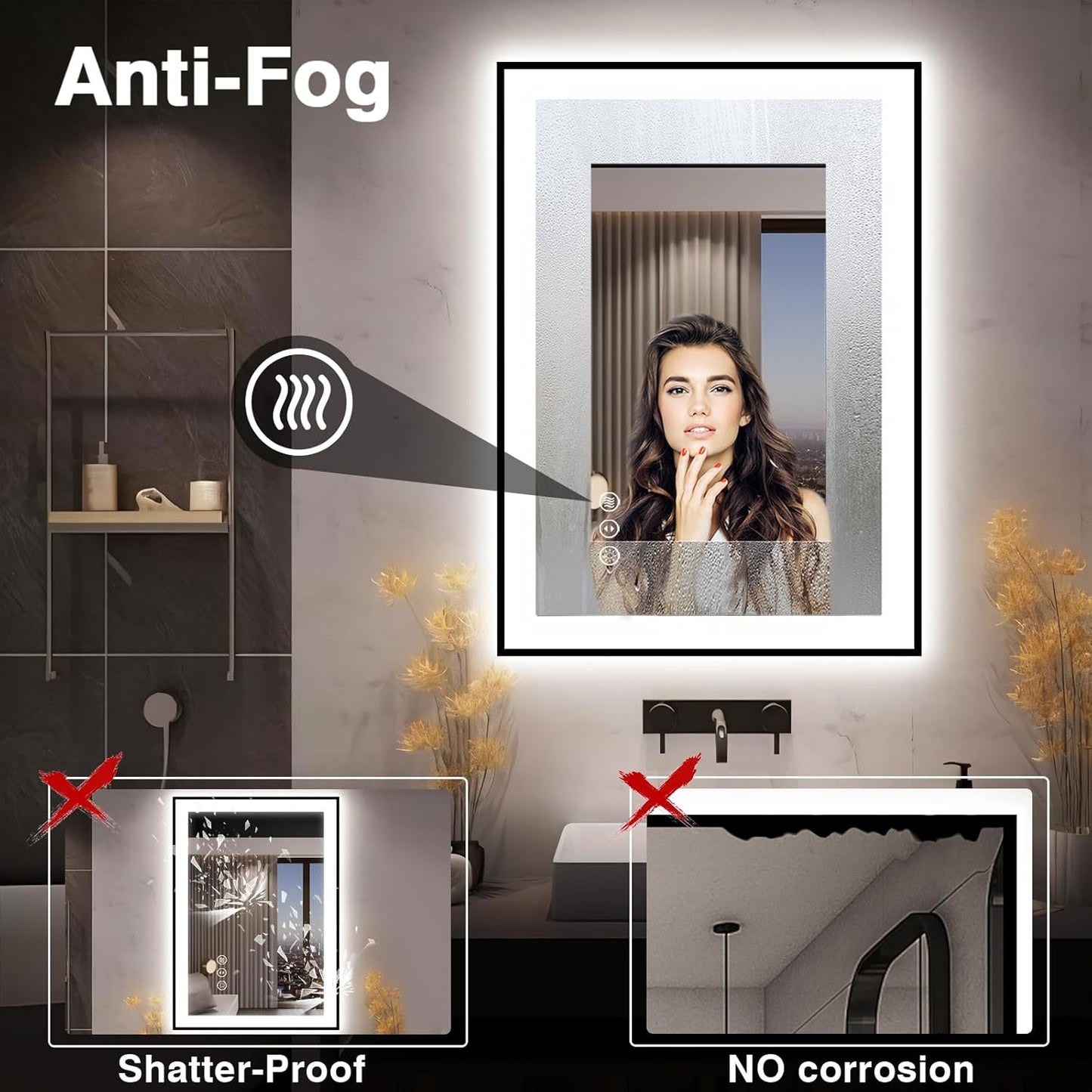 28x36 LED Bathroom Mirror for Wall -Black Aluminum Framed (Front and Backlit), Anti-Fog Vanity Mirror with Lights,Stepless Dimmable Lighted Mirror,3 Colors Smart Mirror(Horizontal/Vertical)