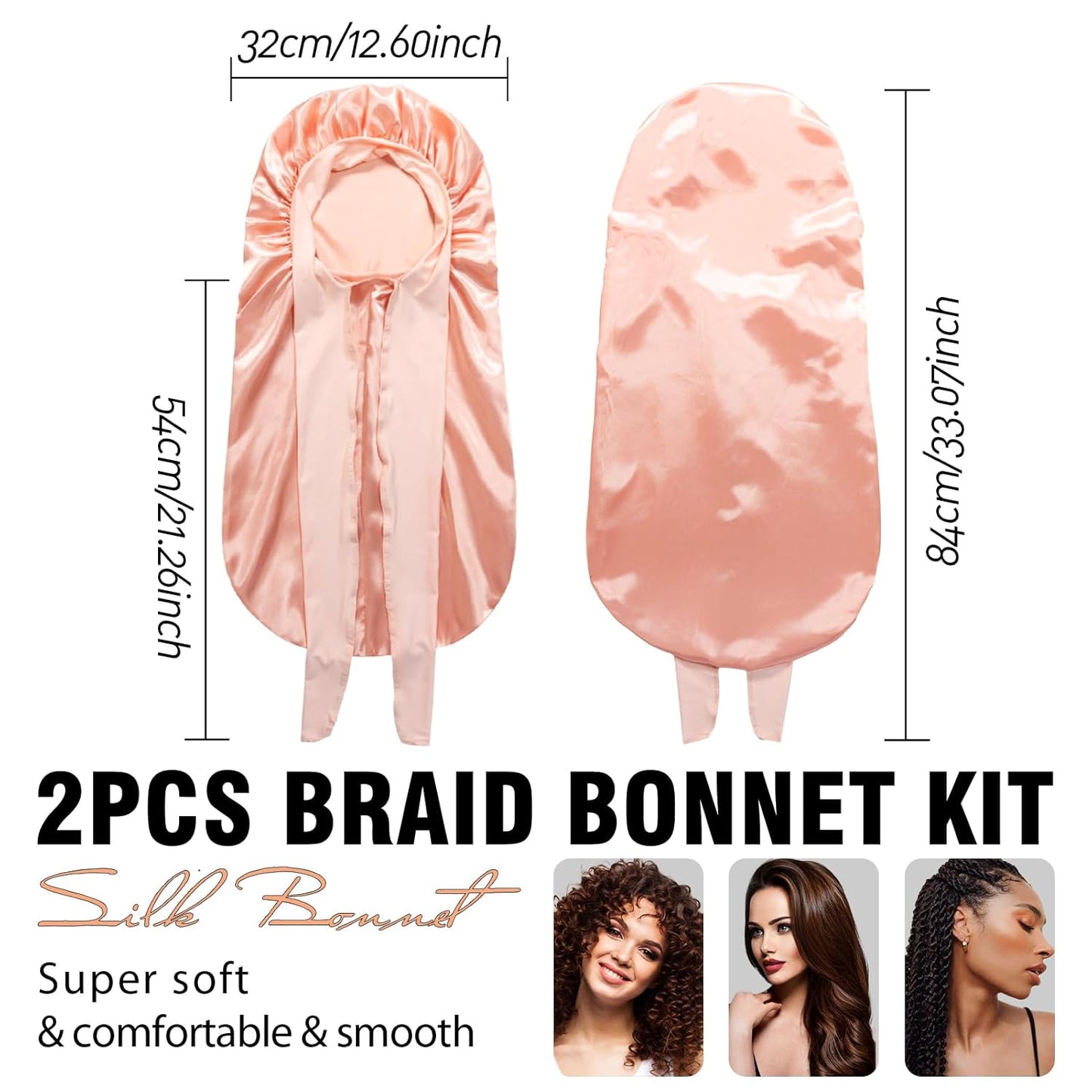 2Pcs Bonnets for Black Women Braid Bonnet, Large Long Satin Bonnet for Braids, Silk Bonnet with Stretchy Tie Band Sleep Cap Hair (Black&Champagne Gold)