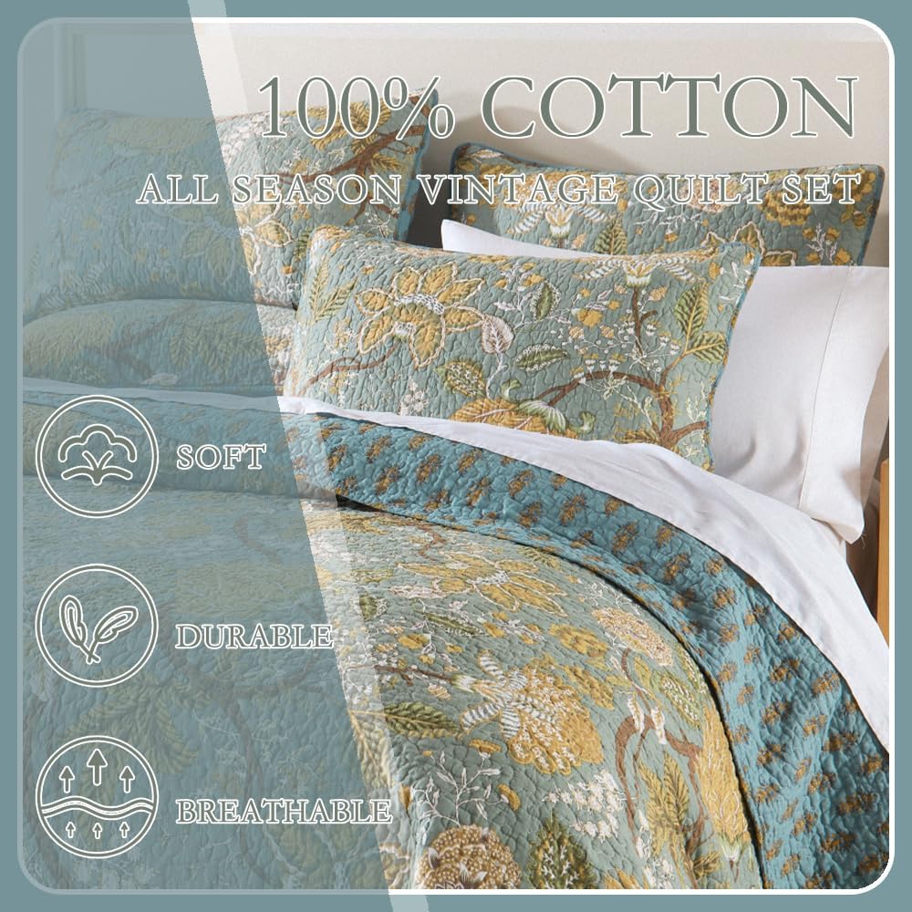 Cotton Bedspread Bedding Coverlet Quilt Sets, Reversible Vintage Branch Floral Bedspread comforters, (Rustic Sage Green Floral Pattern, King Size)