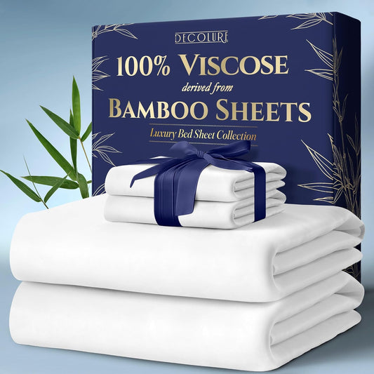 DECOLURE 100% Viscose Derived from Bamboo Sheets Cal King Size 4pcs - Ultra Soft & Luxuriously Cooling, 17" Deep Pocket, Double Stitching, Perfect for Hot Sleepers - King Bed Sheets (White)