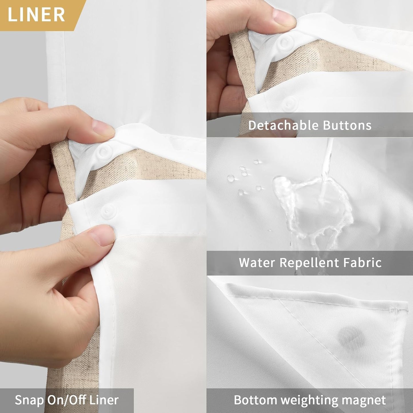 YellyHommy No Hook Linen Shower Curtain with Snap in Liner Set Less Time, Hotel Beige Shower Curtain for Bathroom Fabric with Mesh Top Window, Extra Long 87" L x 72" W