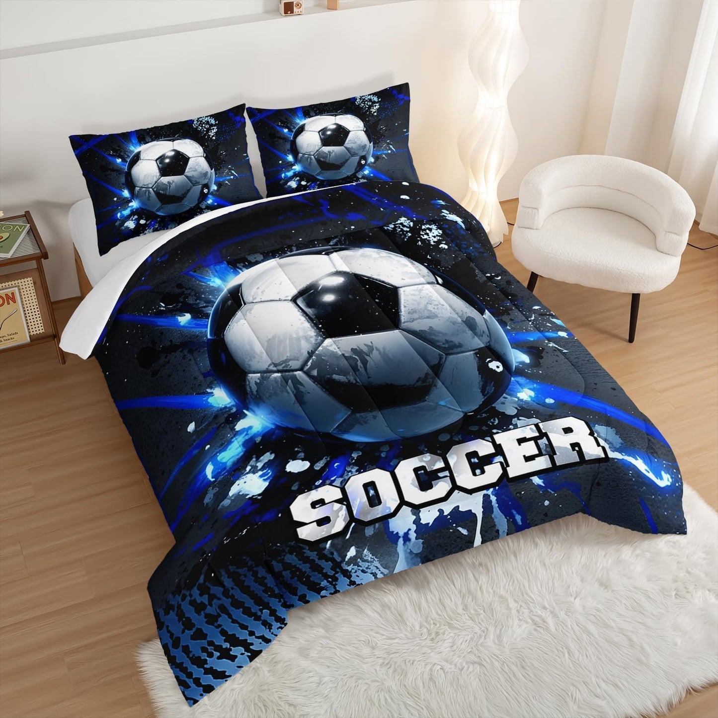 Football Comforter Set King Size,Balls Game Pattern Kids Comforter for Boys Girls Teens Soccer Room Decor,Sports Themed Football Court Bedding Sets with 2 Pillowcases.