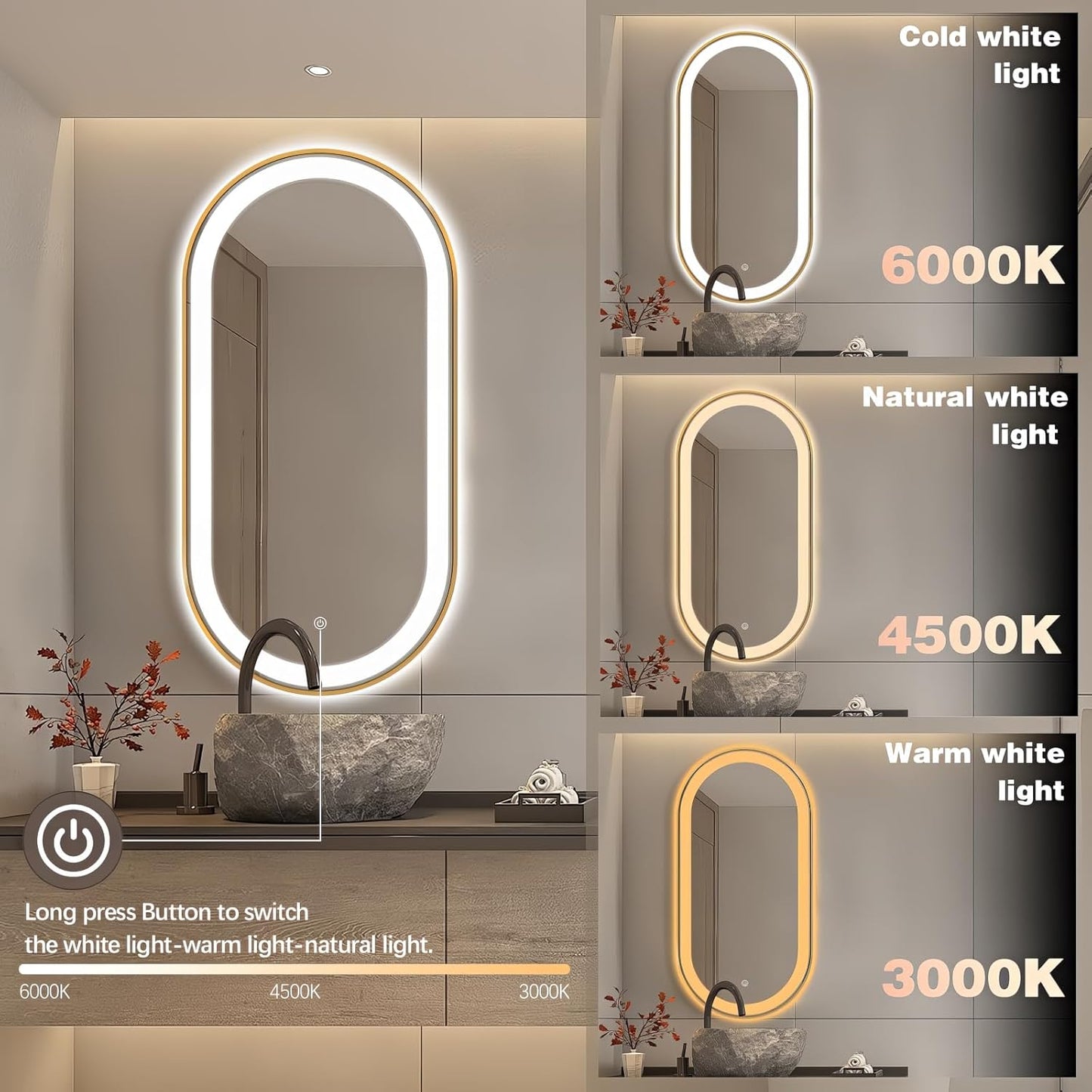 48" x 24" Oval LED Bathroom Mirror with Lights, Gold Metal Framed Anti-Fog LED Vanity Mirror, Lighted Bathroom Mirrors Wall Mounted, Stepless Dimmable, Shatter-Proof, Horizontal/Vertical