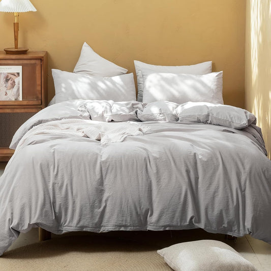 FOSSA Duvet Cover Set 100% Washed Cotton Linen Feel Super Soft Breathable Cozy 3 Pieces Bedding Sets Solid Grayish Queen