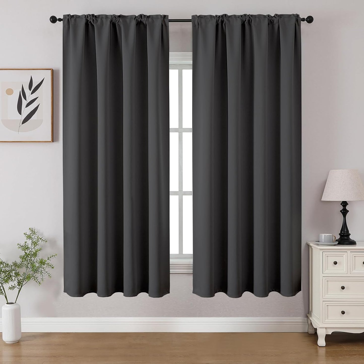 CUCRAF Dark Grey Blackout Curtains 54 inch Length 2 Panels Set, Rod Pocket Room Darkening Drapes for Bedroom Living Room, Insulated Thermal Light Blocking Window Curtain (W52 x L54 Inch)