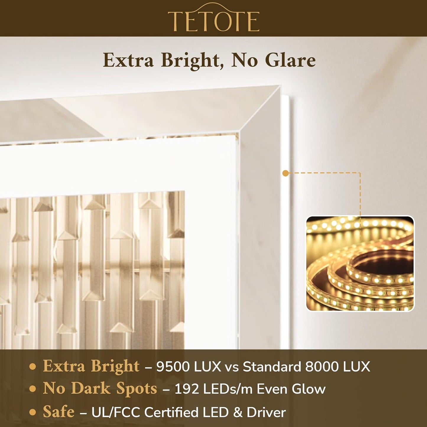 TETOTE 48 x 36 Inch Led Lighted Bathroom Mirror with Lights, Beveled Front and Backlit Extra-Bright Light up Mirror for Bathroom Wall, 3-Color Dimmable, Defogging, Tempered Glass, Waterproof