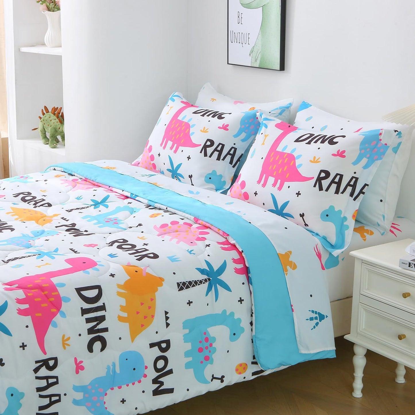 Wajade 7 Piece Kid Girls Dinosaur Comforter Set Twin Size 3D Pink Dinosaur Wild Park Jungle Print Bedding Set with Comforter, Sheet Set, Pillowcase and Sham