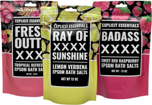 Bath Salt Gift Set for Women – 3-Pack of 12oz Aromatherapy Soaks – Relaxation Spa Gift – Sweet Raspberry, Lemon Verbena, Tropical Scented
