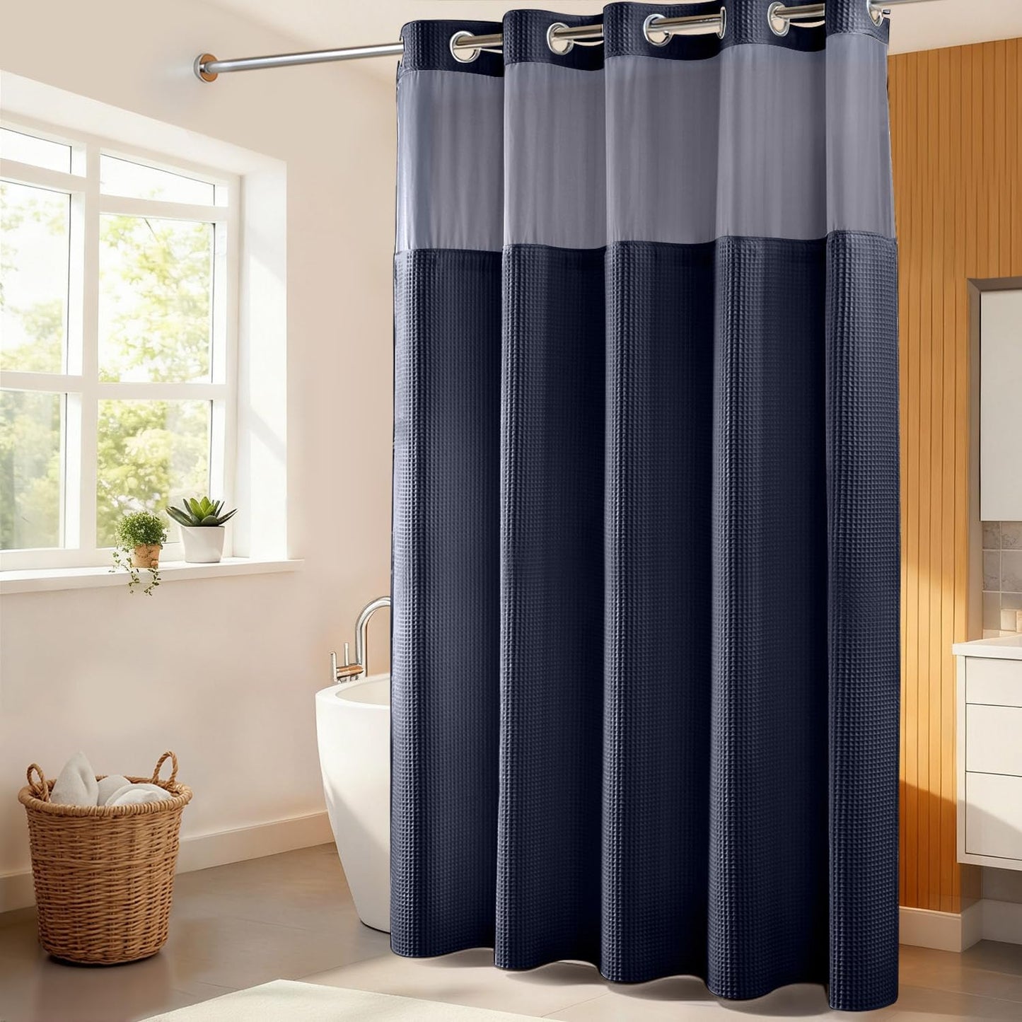 River Dream Navy Blue Fabric Shower Curtain Set, Cotton Blend, Waffle Weave, with Snap in Replacement Liner，71 x 86 inches