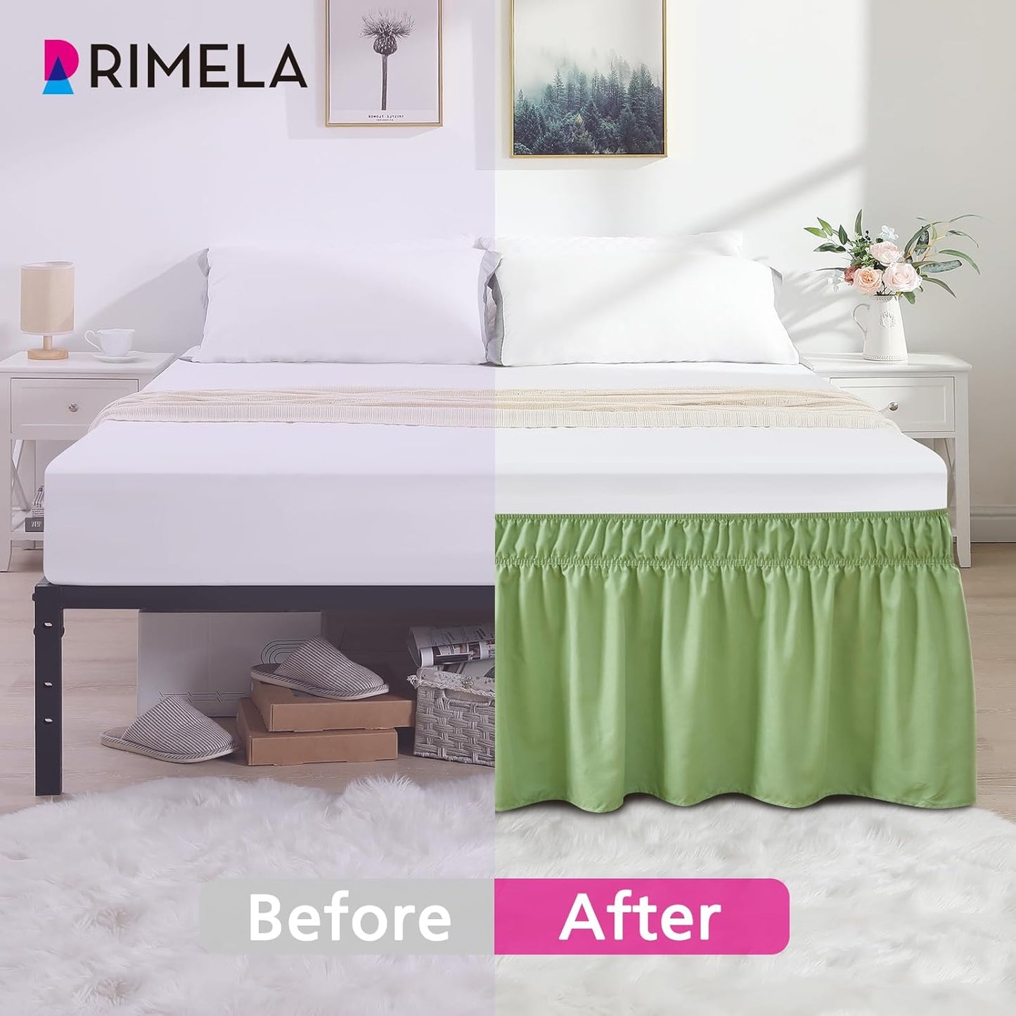 RIMELA Light Green Bed Skirt Full Size 15 Inch Drop, Elastic Bed Skirting for Adjustable Bed Base and Frame, Bedding Dust Ruffle Easy to Install, Hotel Quality Wrap Around Bedskirt