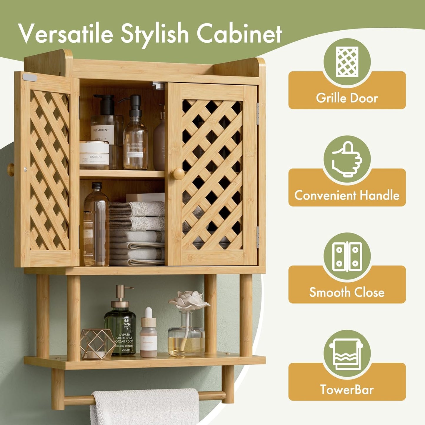 AmazerBath Bathroom Wall Cabinets, Bamboo Medicine Cabinet with Grille Door, Over The Toilet Storage Cabinet with Towel Bar, Wall Mounted Cabinet with Adjustable Shelves for Small Spaces