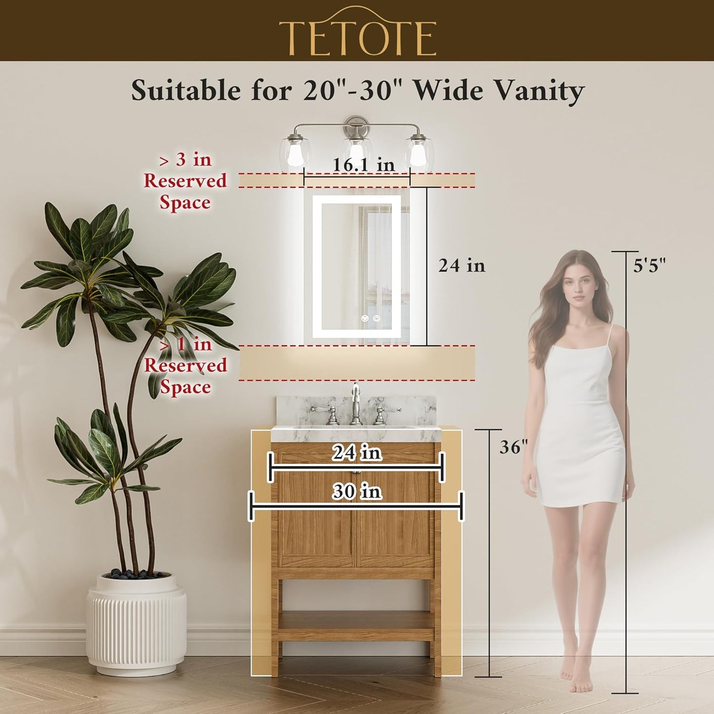 TETOTE LED Bathroom Mirror 16 x 24 Inch Brighter Light up Mirror for Bathroom Vanity, Front and Backlit Lighted Anti-Fog Wall Mirror with Lights, 3-Color Dimmable, Waterproof, Tempered Glass