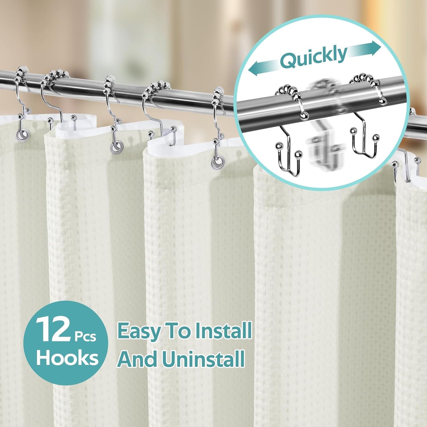 3 in 1 Shower Curtain Set, Waffle Shower Curtain and Liner Set with 12 Double Sided Shower Curtain Hooks, 258GSM Luxury Weighted Cloth Shower Curtains for Bathroom, 72 W x 84 H, Cream