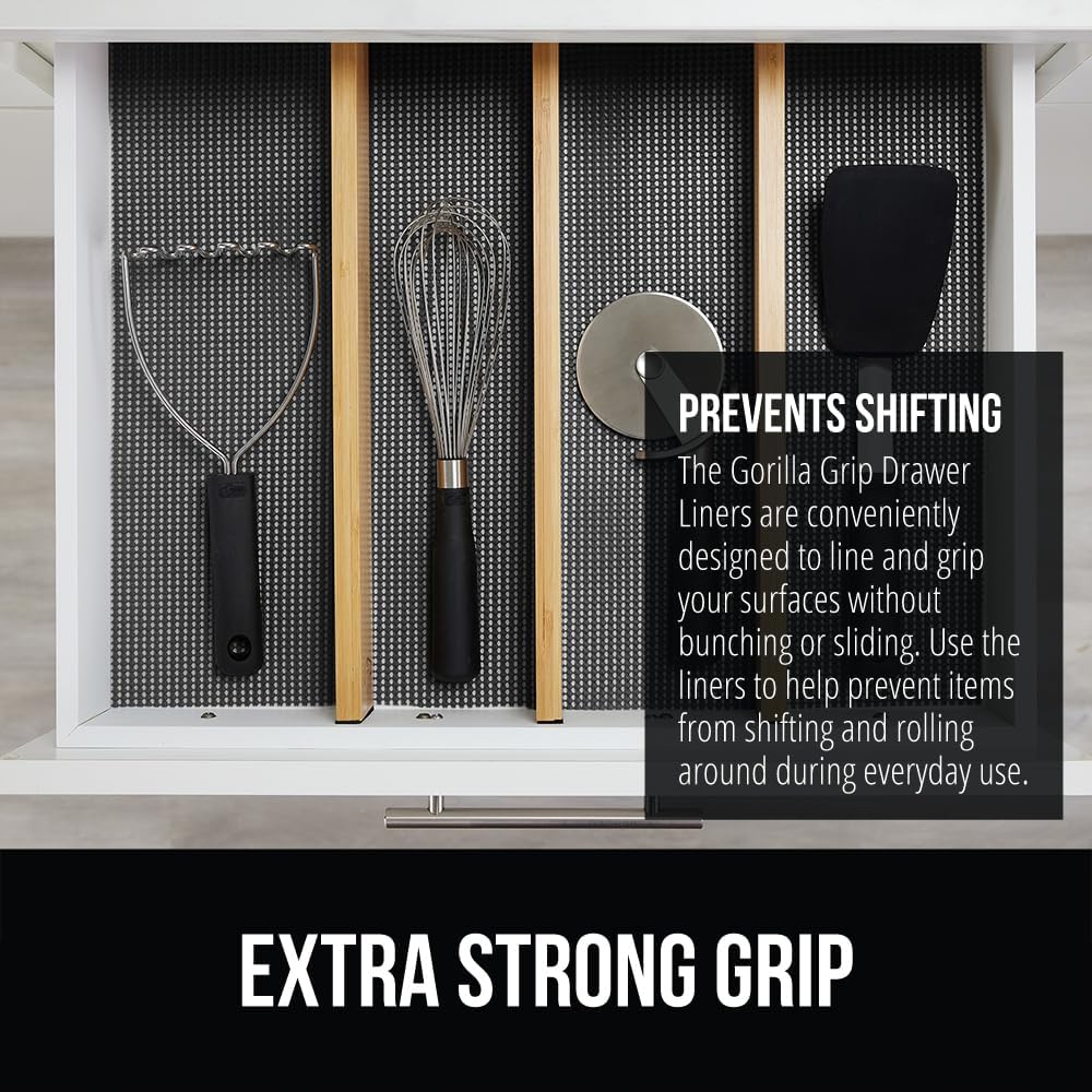 GORILLA GRIP powerGRIP Drawer Shelf and Cabinet Liner, Thick Strong Hold, Non-Adhesive Liners Protect Kitchen Cabinets and Cupboard, Bathroom Drawers, Easy Install, Breathable Mat, 12" x20', Charcoal