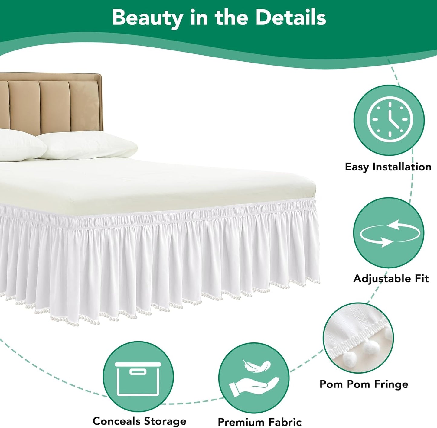 Biscaynebay Queen Bed Skirt 15 inch Drop-White Dust Ruffle Bedskirt with Pompoms-Wrap Around Bed Skirting Easy Fit Elastic Strap-Silky Luxurious Fabric Wrinkle Free-for Women Men Kids