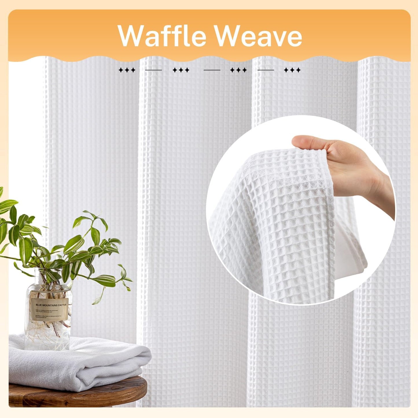 River Dream Extra Long Shower Curtain Set, Cotton Blend, Waffle Weave, with Snap in Replacement Liner, White, 71 x 86 inches