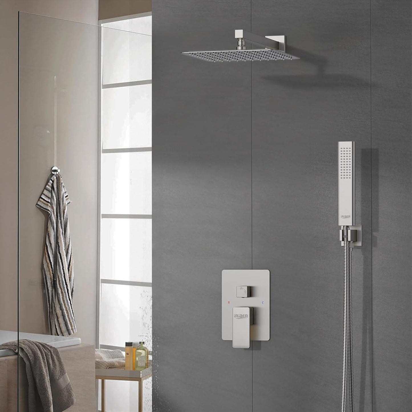 Iriber 12-Inch Rainfall Shower System with Handheld Combo, Brushed Nickel Finish, High Pressure Brass Shower Set