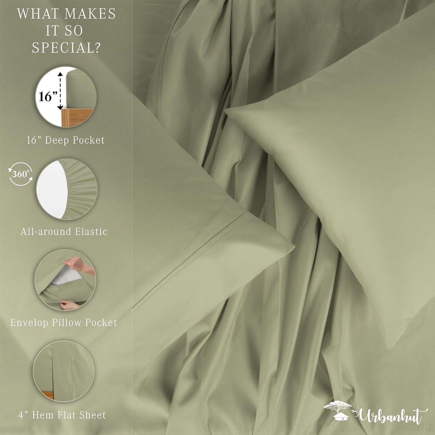 URBANHUT 100% Egyptian Cotton Sheets - 1000 Thread Count Full Size Sheets Set (4Pc), Long Staple Cotton Bedding Sheets, All Season Sateen Weave, Luxury Hotel Bedsheets,16" Deep Pocket - Sage(Moss)