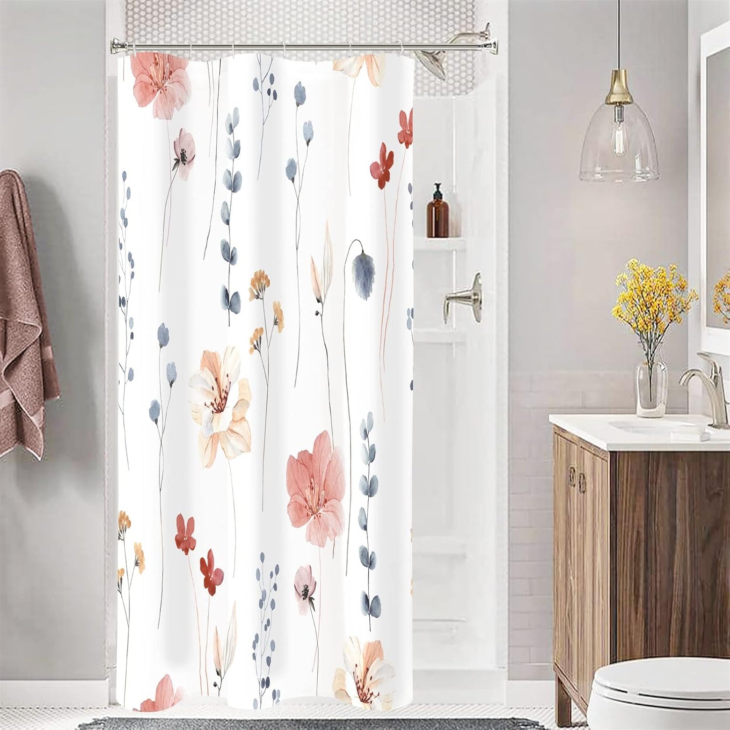 Gibelle Small Stall Shower Curtain 36 x 72, Narrow Half Watercolor Floral Fabric Shower Curtain, Coral Beige Flower Decorative Bathroom Shower Curtain Set with Hooks