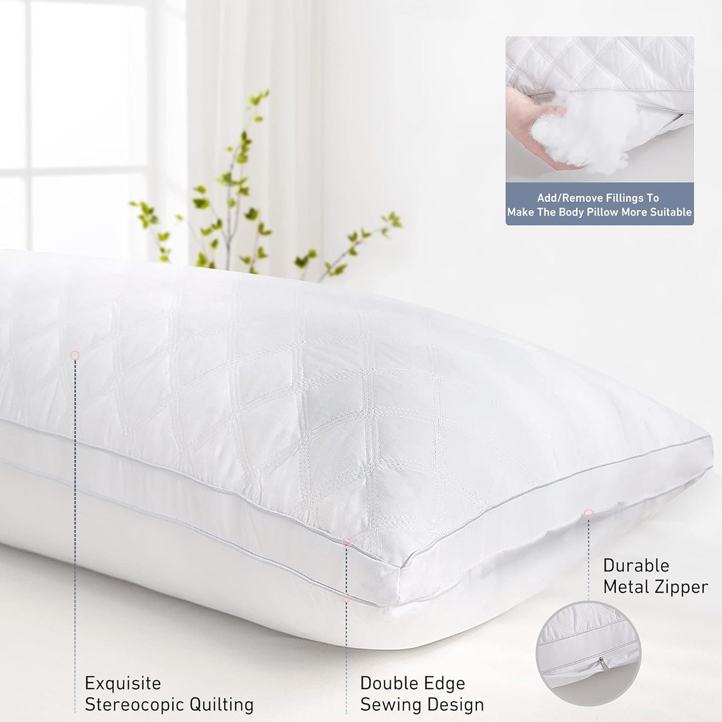 Leeden Body Pillow - Premium White Firm Fluffy Long Pillow - 21 x 54 Soft Plush Full Body Pillows - Adjustable Side Pillow for Sleeping
