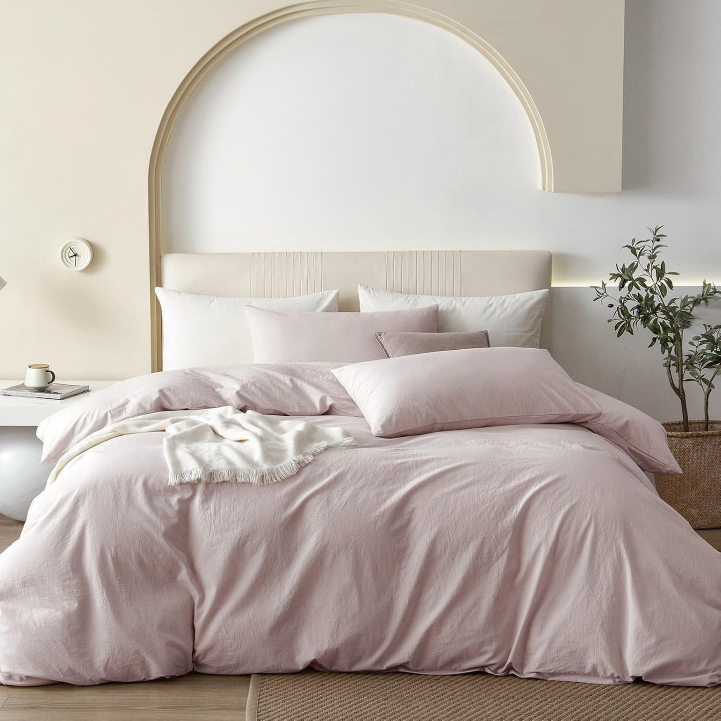 JIYUAN 100% Washed Cotton Duvet Cover Set 3 Pieces Alaska King, 1 Duvet Cover 132x120 Inches(Comforter Not Included) and 2 Pillowcases,Linen Like Comfy and Breathable,Heathered Greyish Pink