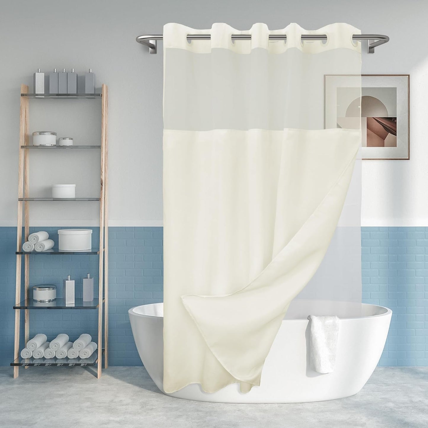 Long No Hook Slub Textured Shower Curtain with Snap-in PEVA Liner Set - 71" x 77"(75"), Hotel Style with See Through Top Window, Cream Fabric Curtain & Waterproof Liner, Sand, 71x77