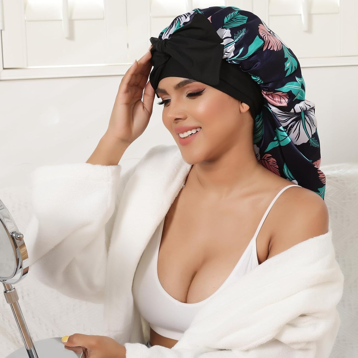 AWAYTR Long Satin Bonnet for Braids - Elastic Silk Hair Bonnets for Sleeping Night Cap Stretchy Tie Band for Women（Flower D）