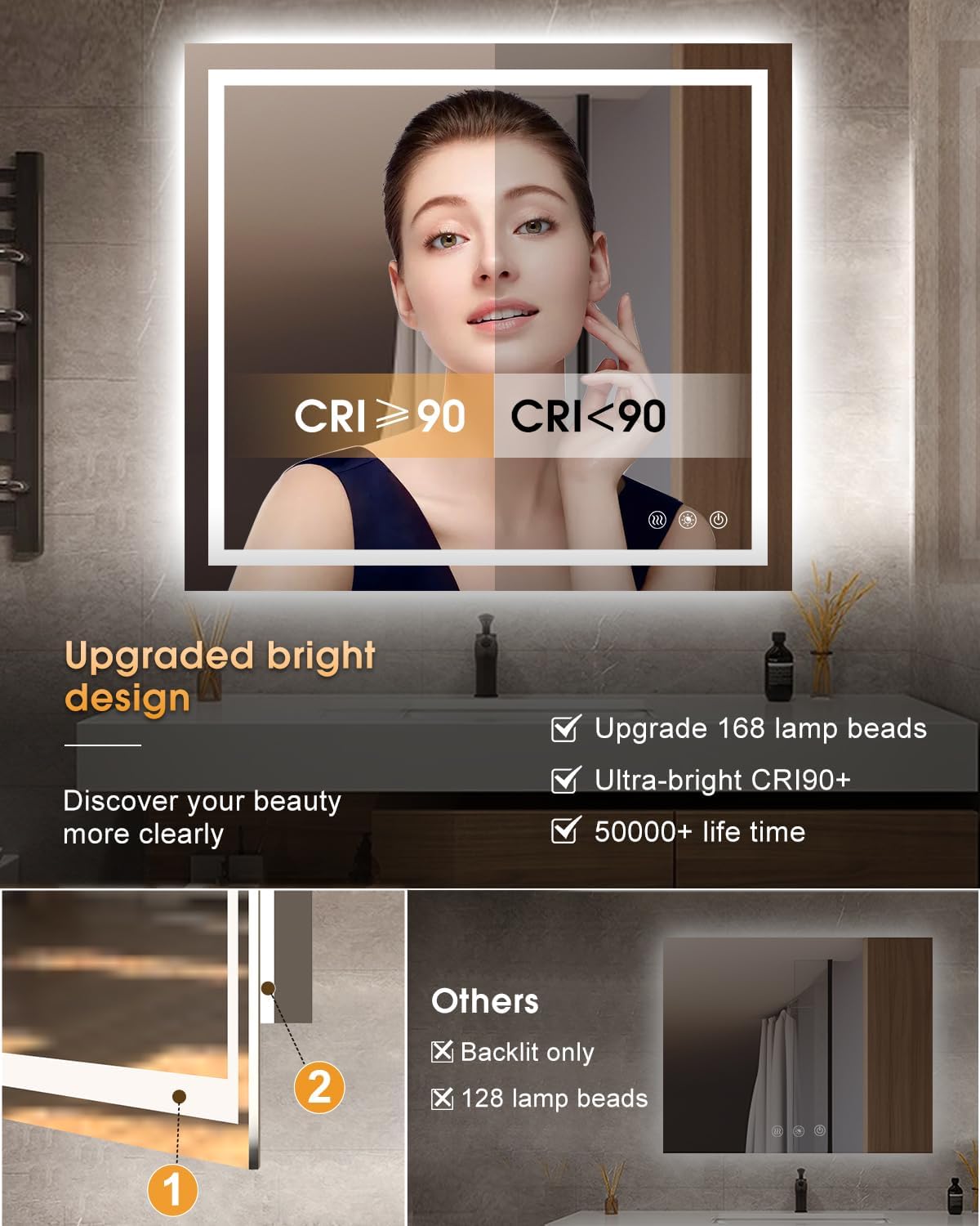oneup 40''x36'' LED Bathroom Mirror with Lights,Front Lighted Bathroom Mirrors for Wall,Anti-Fog Vanity Mirror,Touch Button and Memory Function,Dimmable 3-Color Lights (Horizontal/Vertical)