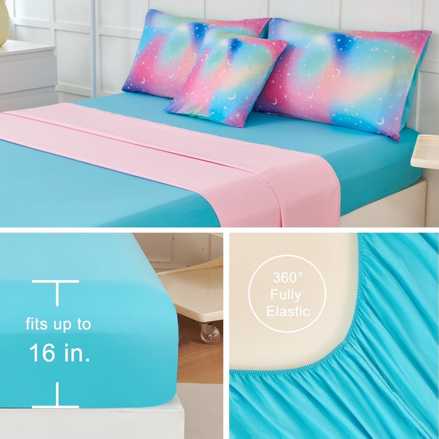 URBONUR 6Pcs Comforter Set for Girls Full Size Colorful Rainbow Bedding Set Galaxy Star Printed Kids Bed Sets for Full Bed, Ultra Soft Comforters with Sheet Set