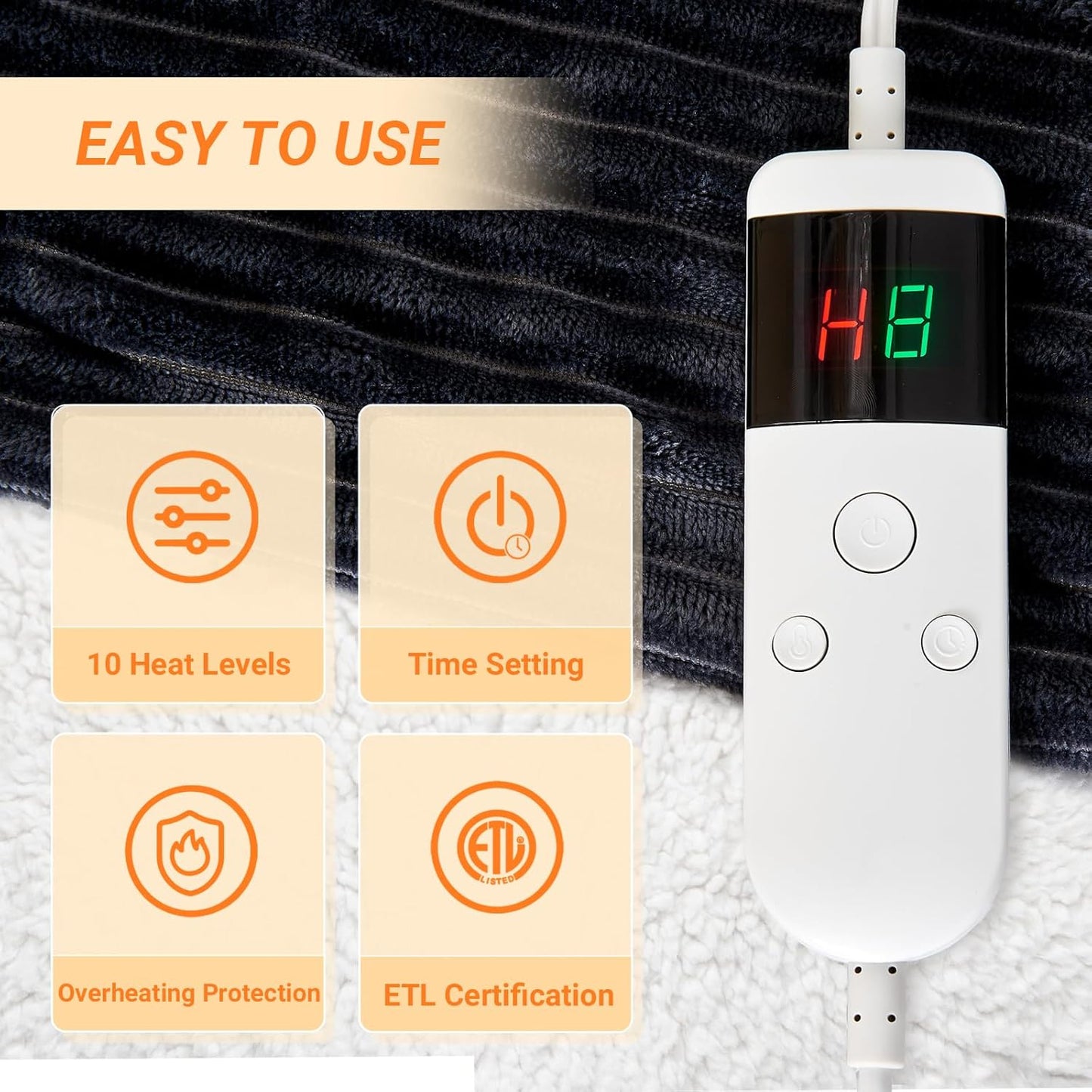 Heated Blanket Electric King, Soft Flannel Heating Blanket with 8 Hours Auto Off 10 Fast Heating Levels Machine Washable Sherpa Heated Blanket with Overheating Protection