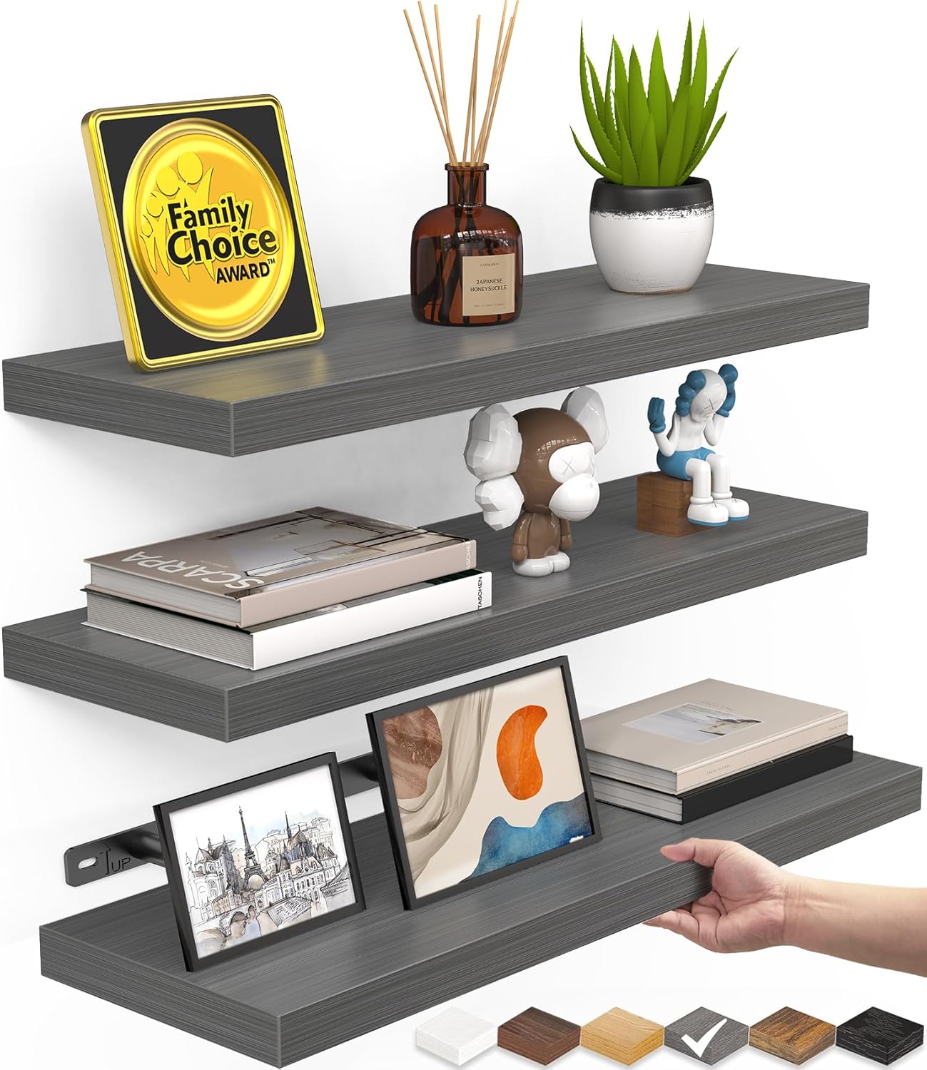 BAYKA Grey Floating Shelves for Wall, Wall Mounted Rustic Wood Shelves for Bathroom, Bedroom, Living Room, Kitchen,Small Hanging Shelf for Books/Storage/Room Decor (Set of 3, 15.7in)