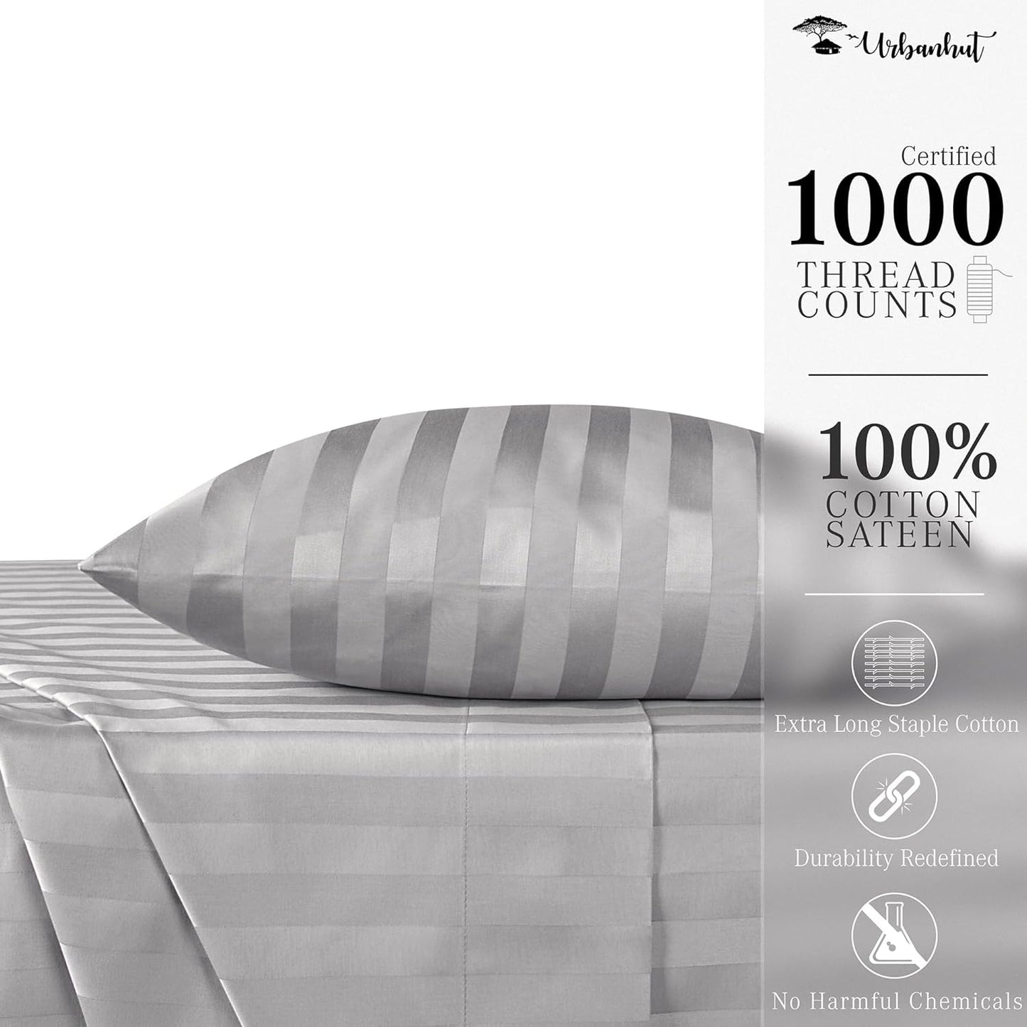 URBANHUT 1000 Thread Count Egyptian Cotton Sheets Damask Striped Twin Size, Breathable Long Staple, 4 Pc Bed Sheet Sets, Luxury Hotel Sateen Sheets Fits 16" Deep Pocket - Silver Grey