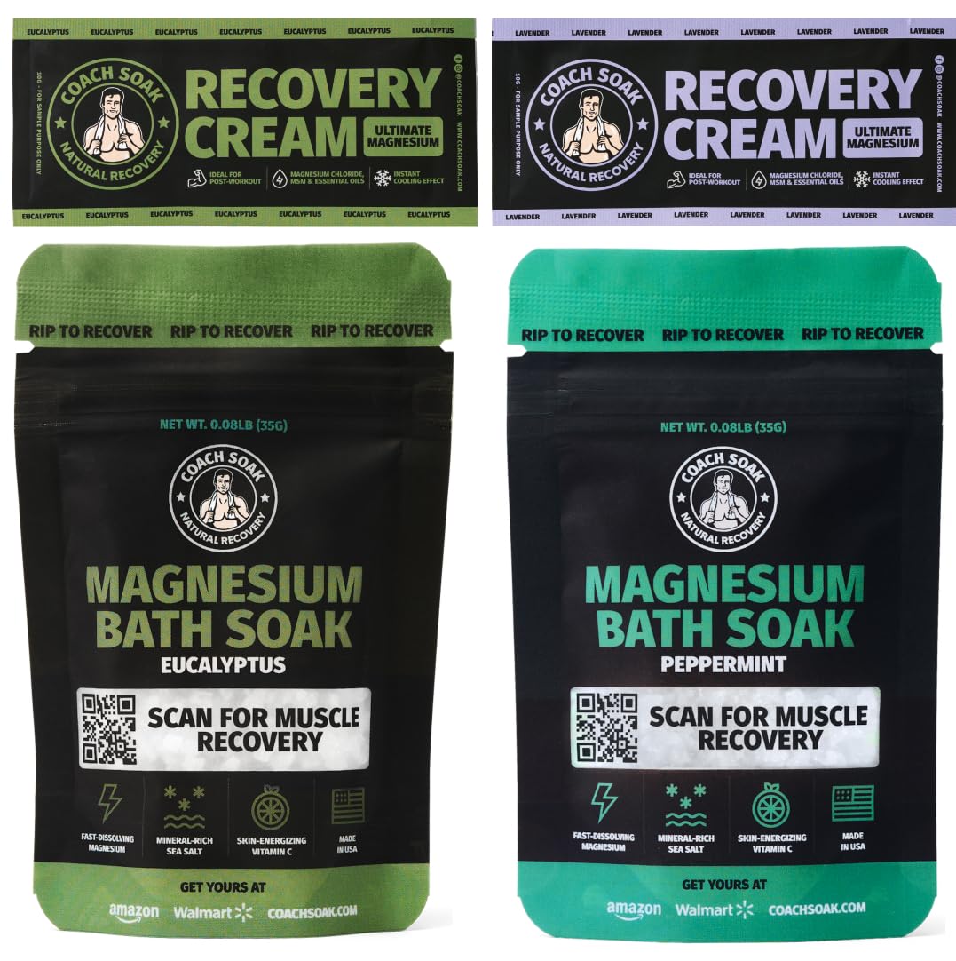 Coach Soak Magnesium Bath Flakes Mint & Lotion Trial Pack - Absorbing Magnesium Cream with Menthol - 0.18 lb (4 Pack) - Mixed Scents