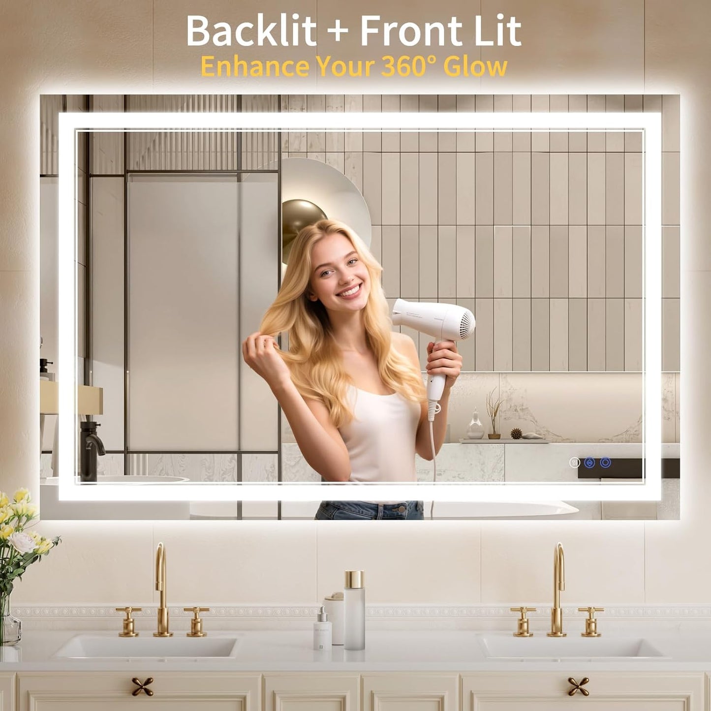 32"x48" LED Bathroom Mirror with Lights, Anti-Fog, Backlit + Front Lit, Dimmable, Led Vanity Mirror for Wall, Lighted Bathroom Mirror, 3 Colors, Shatter-Proof Tempered Glass