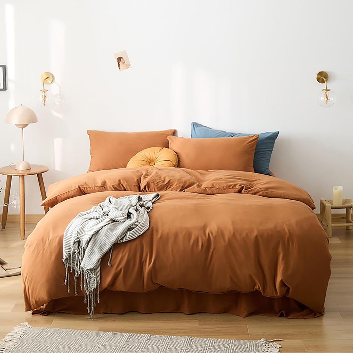 Cottonight Pumpkin Comforter Set Twin - Burnt Orange Bedding Cotton Rust Caramel Solid Blanket Quilt - Soft Breathable Cinnamon for Kids Teens