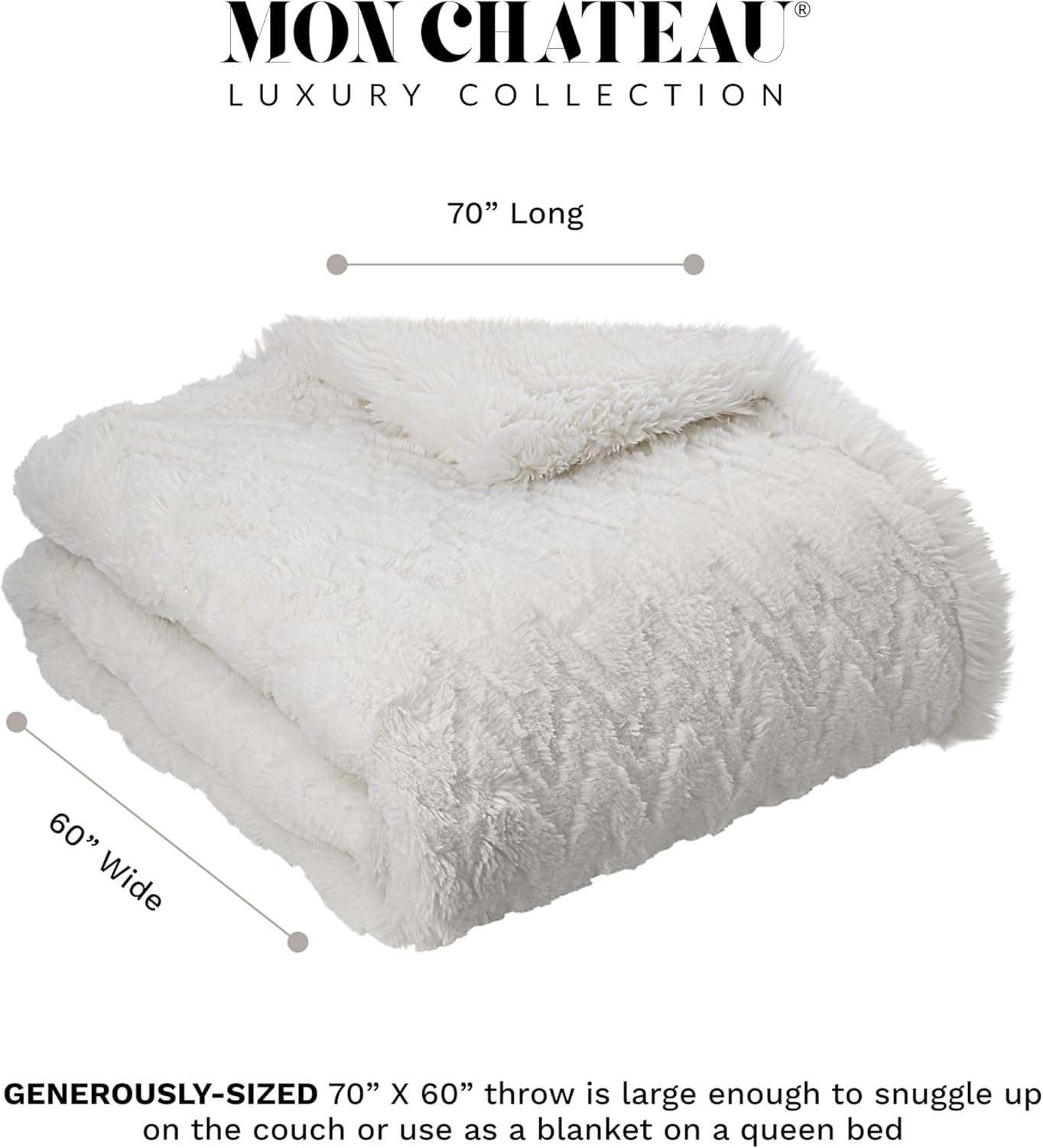 Mon Chateau 60" x 70" Crest Faux Fur Throw, Plush Luxury Blanket for Couch, Sofa, or Bed, Soft Reversible Throw Blanket for Sleeping, Home & Room Decor, Ivory Jacquard