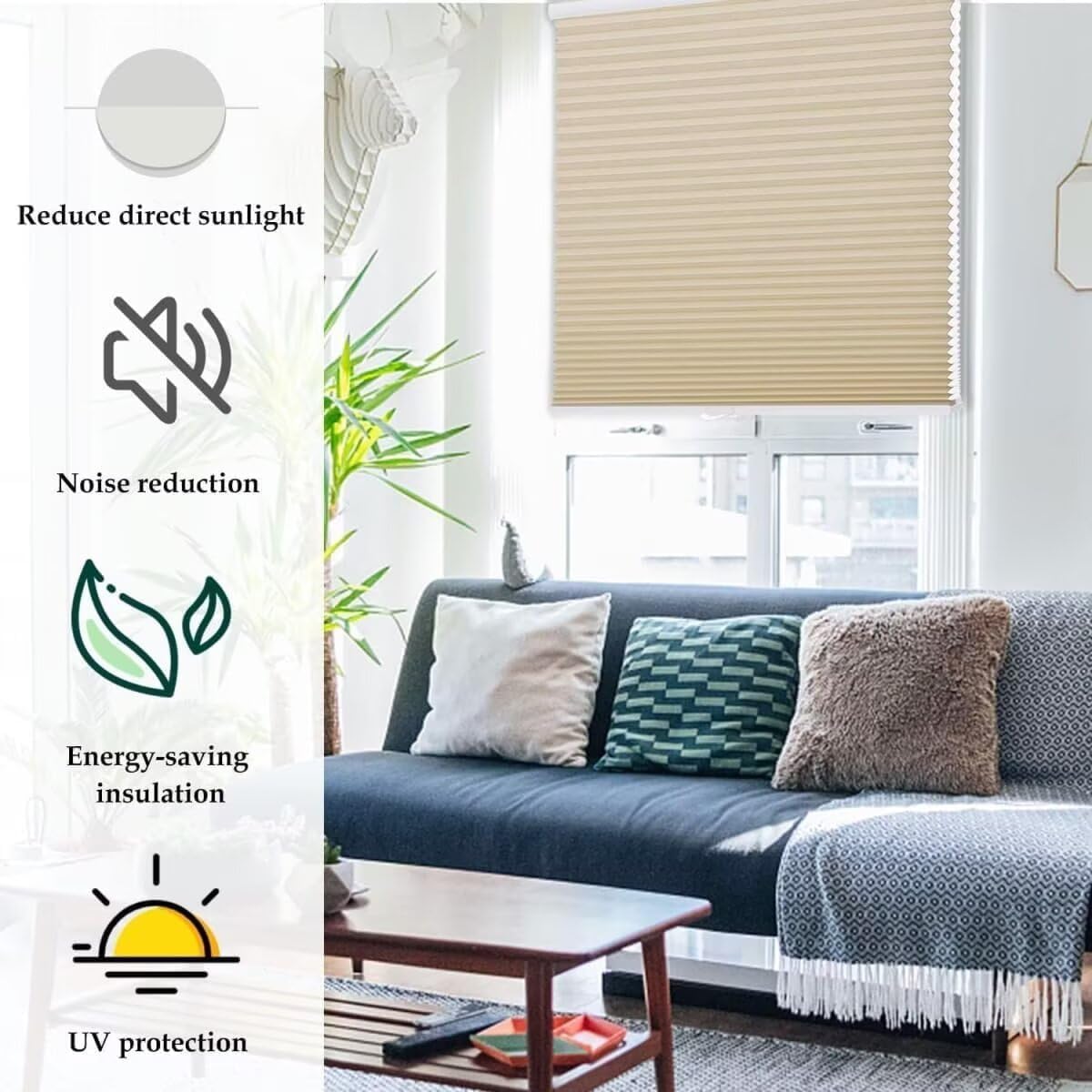 MYshade 1.5-Inch Cellular Cordless Light Filtering Shades,Thermal Insulating Noise Reducing Waterproof Blinds,Honeycomb Window Treatments for Indoor Light Control (Beige-29 W x 72" H)