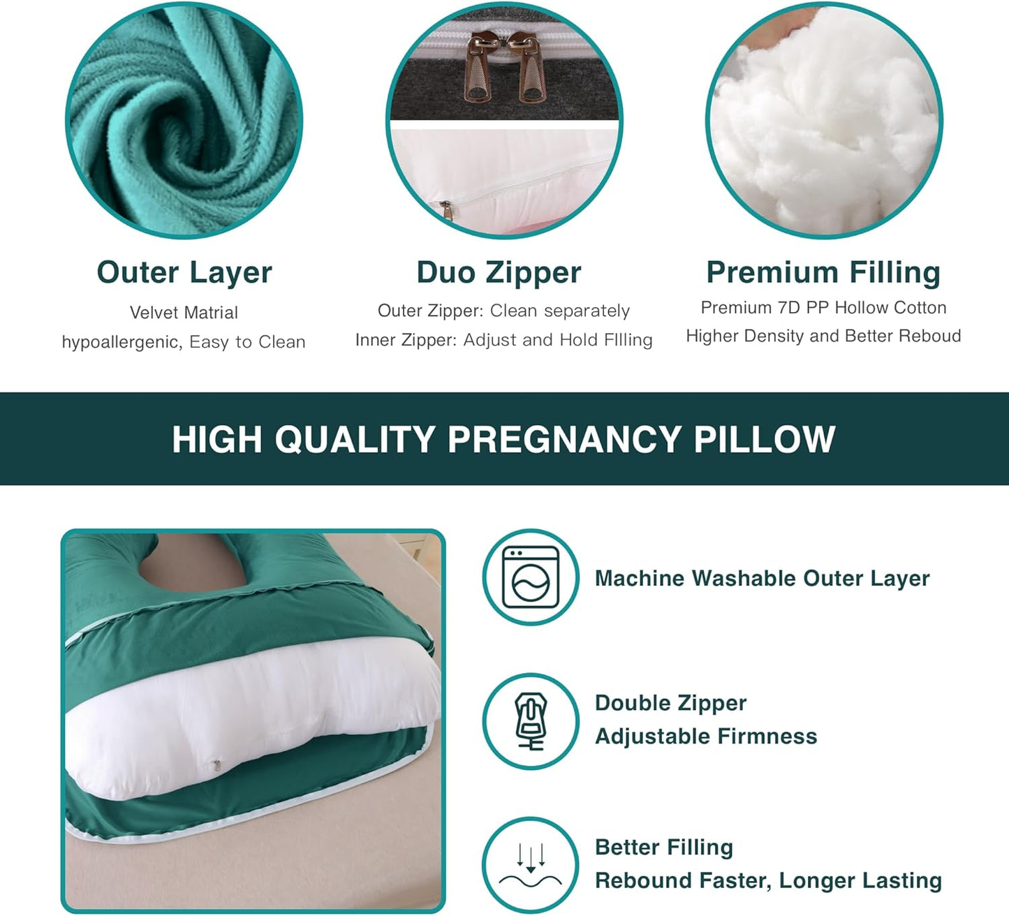 ALLOPERA Pregnancy Pillow, Full Body Maternity Pillow 57 inch, with Removable Washable Cover - Sleep Support for Legs, Back, Neck, Shoulder, HIPS, Belly, Velvet Cover (Dark Green)