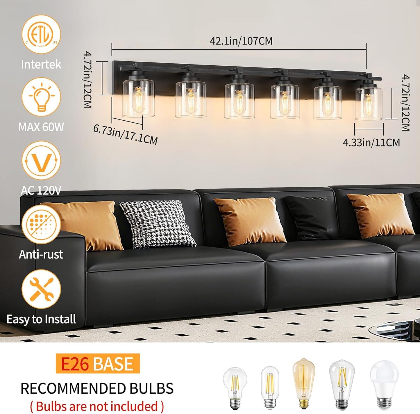 6 Light Modern Bathroom Light Fixtures Over Mirror, Black Vanity Lights for Bathroom Wall Sconces with Clear Glass Shades, E26 Socket (Bulbs Not Included)
