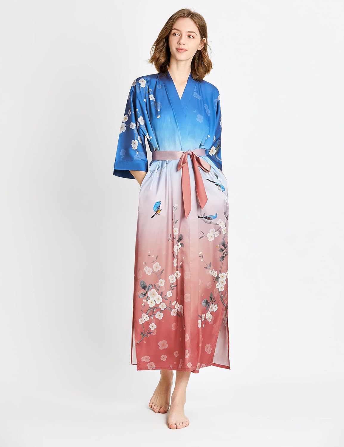 PRODESIGN Kimono Robe for Women - Long Satin Sleepwear Silky Kimono Cover-Up Nightgown Japanese Bathrobe Loungewear Blouse