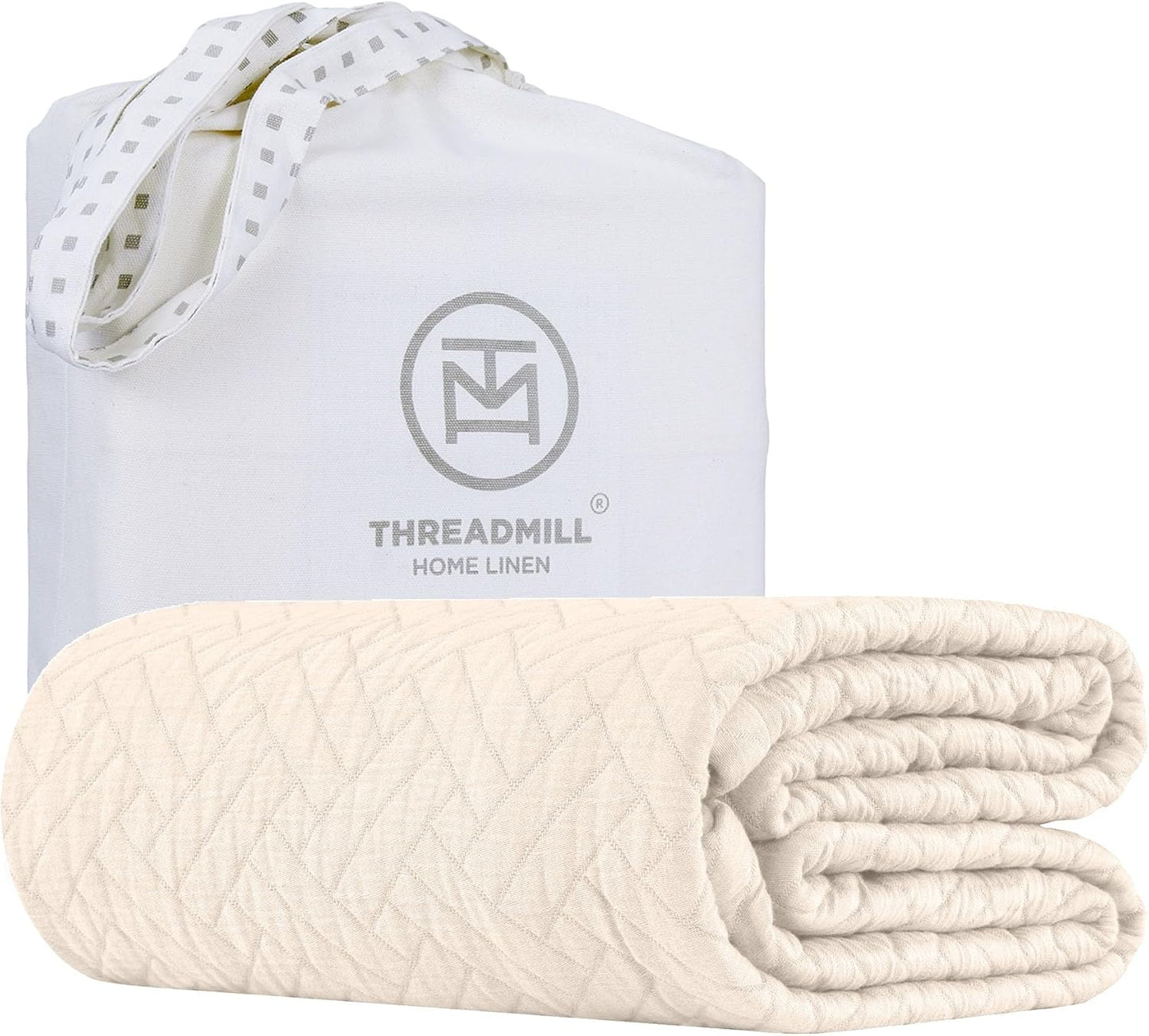 Threadmill Luxury Cotton Blankets for Queen Size Bed | All-Season 100% Cotton Queen Size Blanket |Criss Cross Jacquard Cozy Lightweight, Soft Breathable Coverlet fits Full Size Bed 90x92|Vanilla Cream