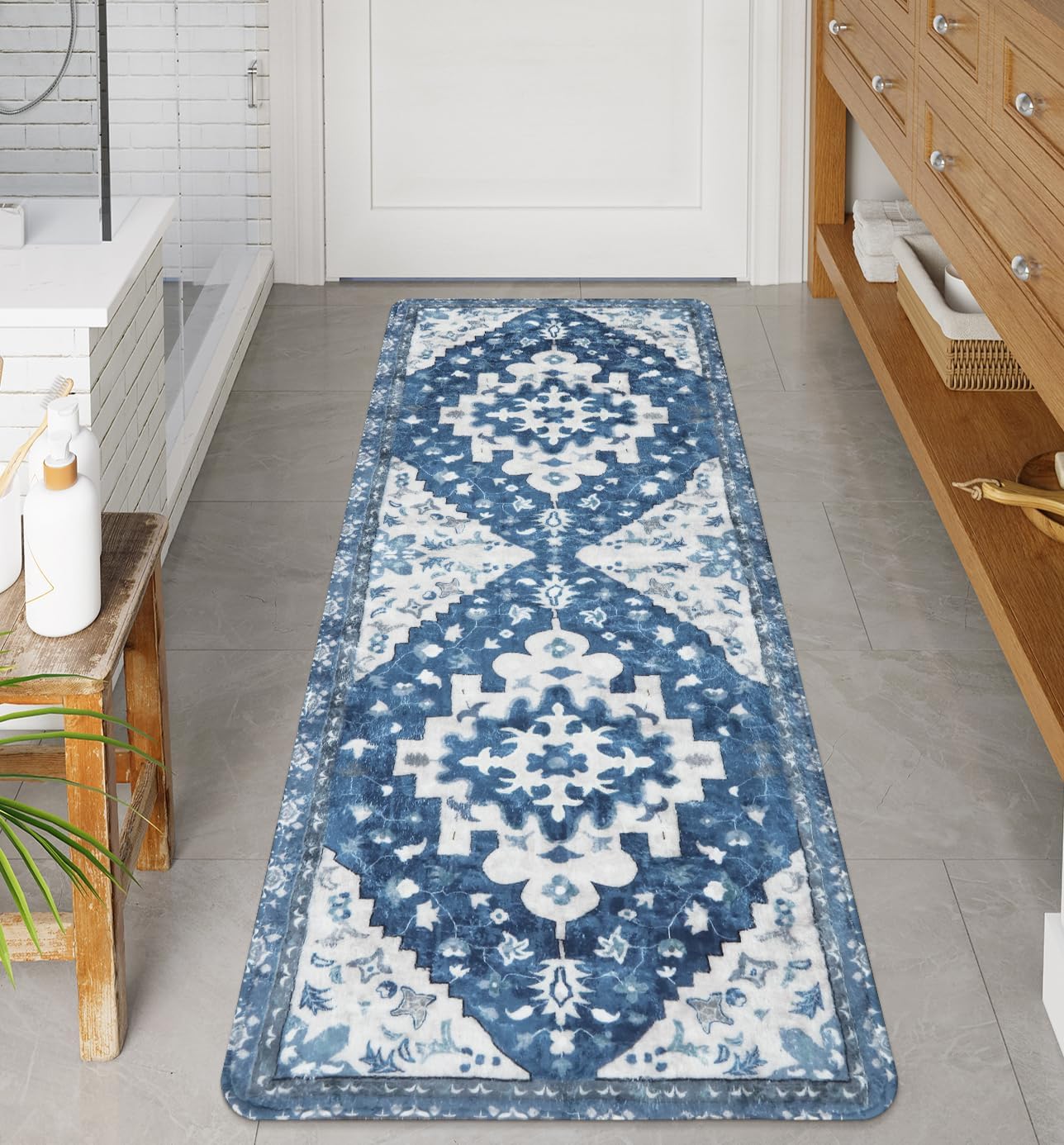 Uphome Vintage Bathroom Runner Blue Boho Non-Slip Long Bath Mat Oriental Soft Machine Washable Bedroom Rug Traditional Tribal Floral Floor Carpet for Kitchen Hallway Kids Room, 24x59 inch