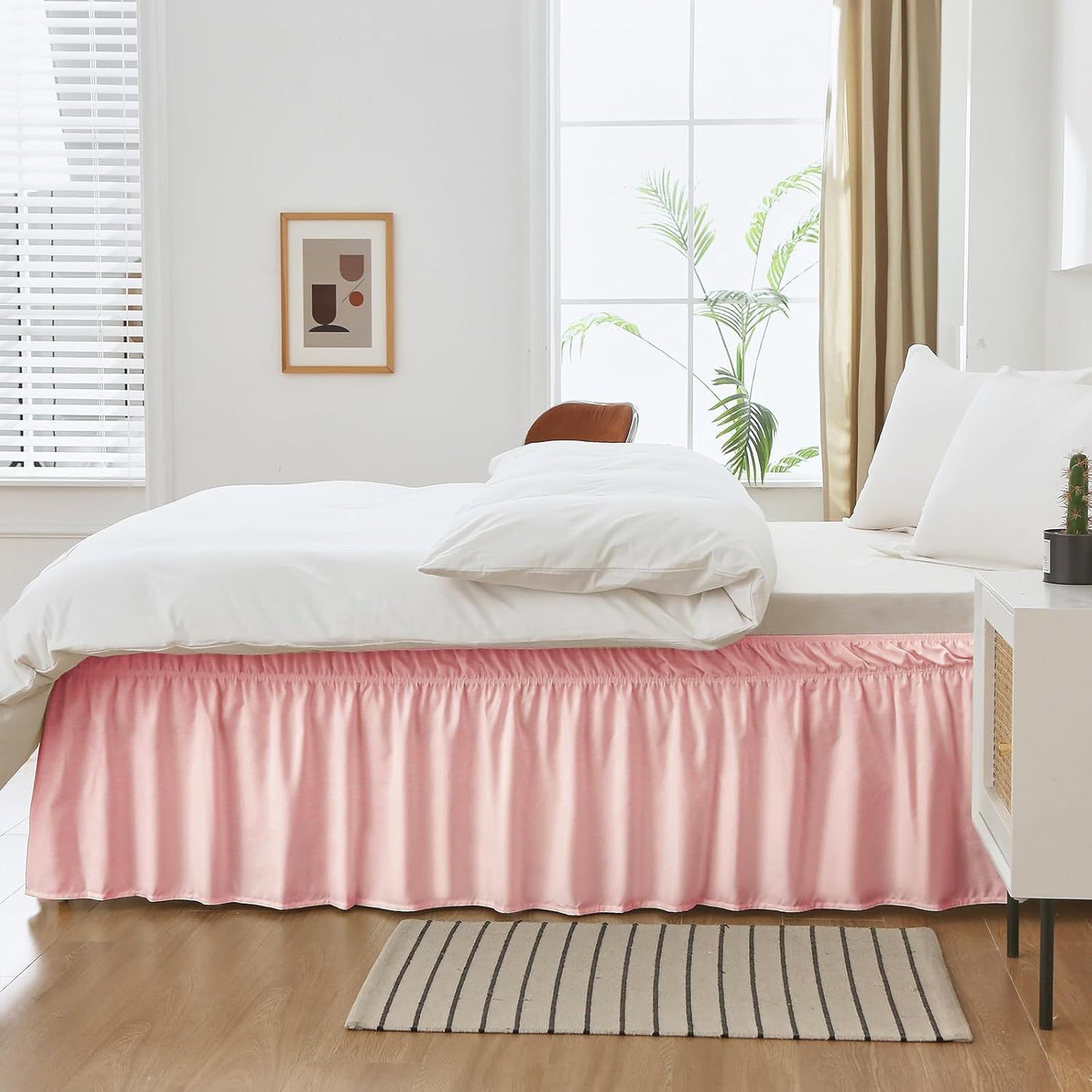 MEILA Wrap Around Bed Skirt Three Fabric Sides Elastic Dust Ruffled 24 Inch Tailored Drop,Easy to Install Fade Resistant-Pink, Queen/King