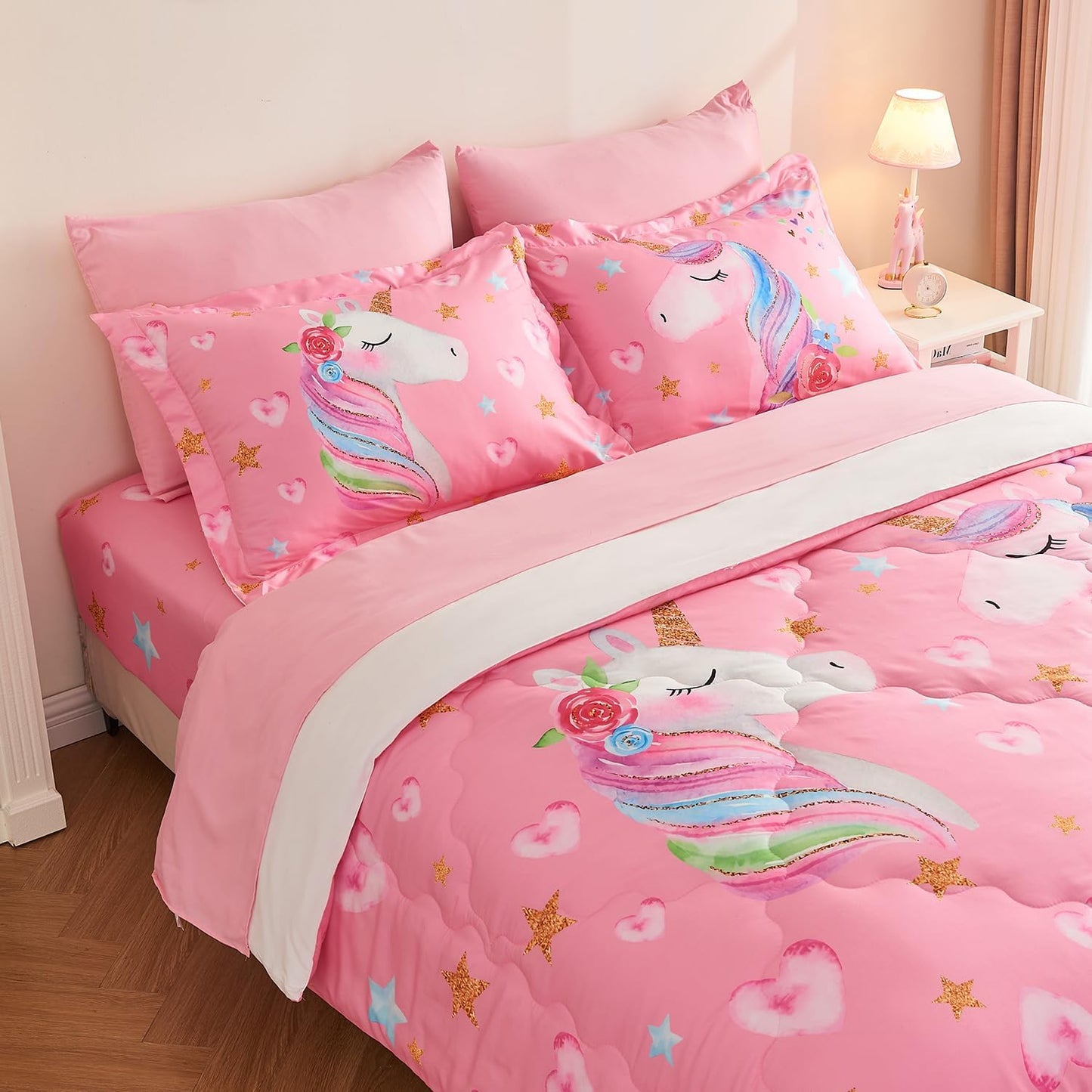 Wajade Pink Unicorn Comforter Set for Girls 7 Piece Cute Cartoon Bedding Set for Kids Queen Size as Birthday Gift with Comforter, Sheet Set, Pillowcase and Sham