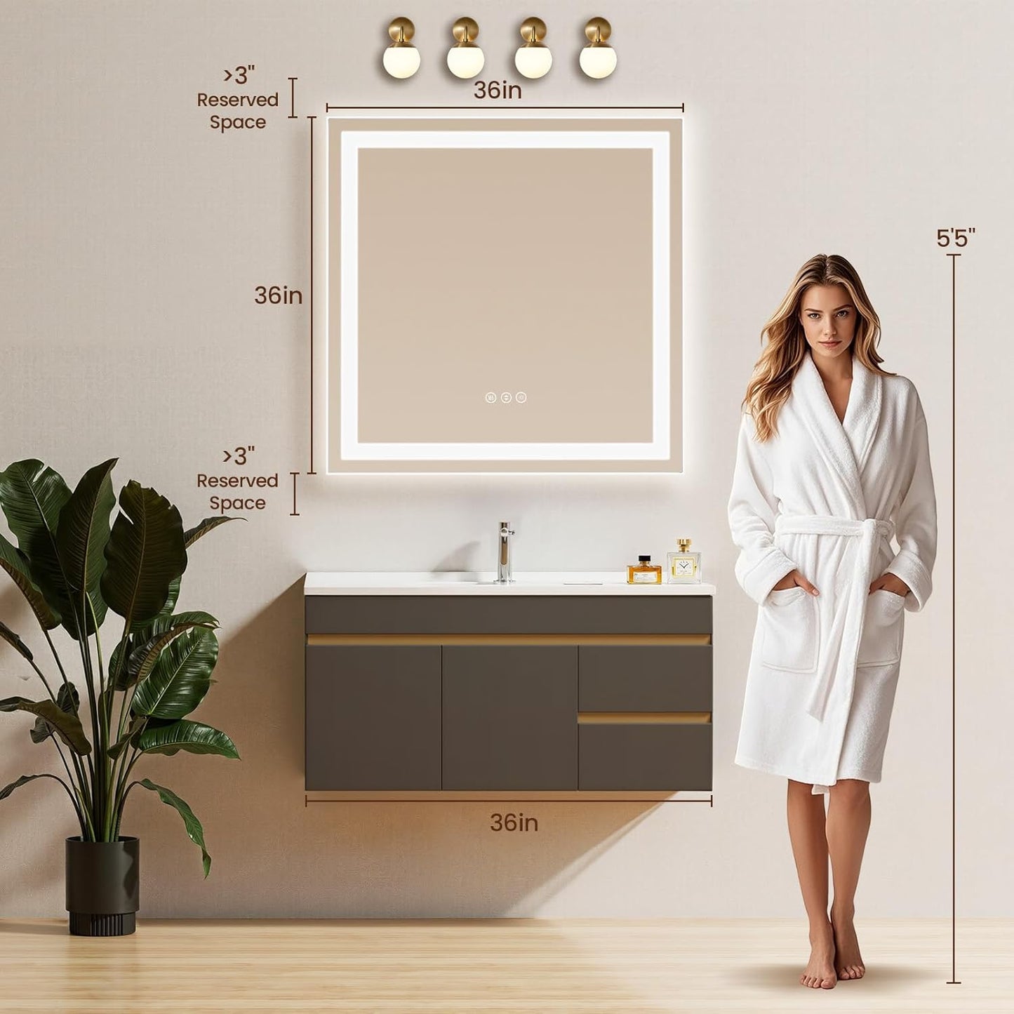 36X36 LED Bathroom Mirror with Lights, Anti-Fog, Backlit + Front Lit (CRI>90), Lighted Bathroom Vanity Mirror for Wall, Memory Function, Dimmable, Tempered Glass, Shatter-Proof, ETL