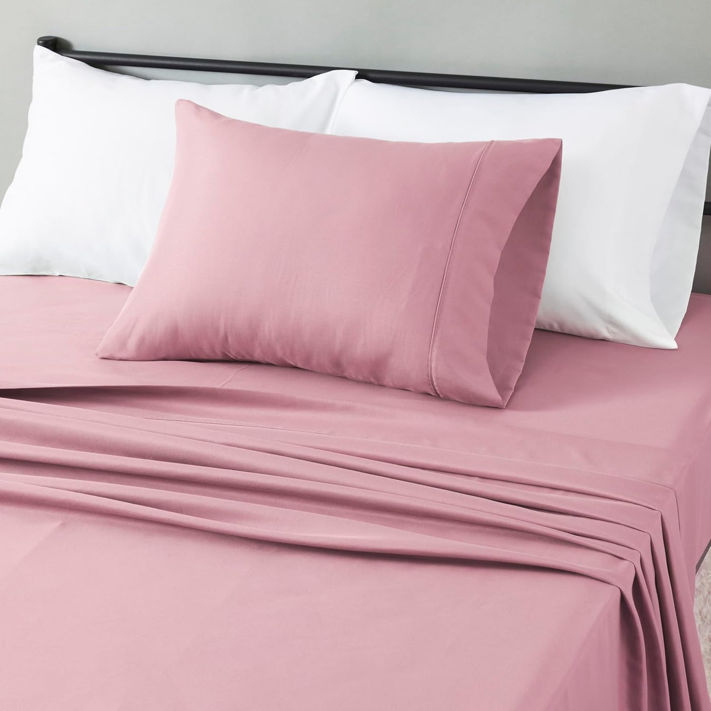 Amazon Basics Lightweight Super Soft Easy Care Wrinkle Free Microfiber 3 Piece Bed Sheet Set with 14-Inch Deep Pockets, Twin, Rose, Solid, Kids, Men & Women Bedding