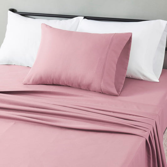Amazon Basics Lightweight Super Soft Easy Care Wrinkle Free Microfiber 3 Piece Bed Sheet Set with 14-Inch Deep Pockets, Twin, Rose, Solid, Kids, Men & Women Bedding