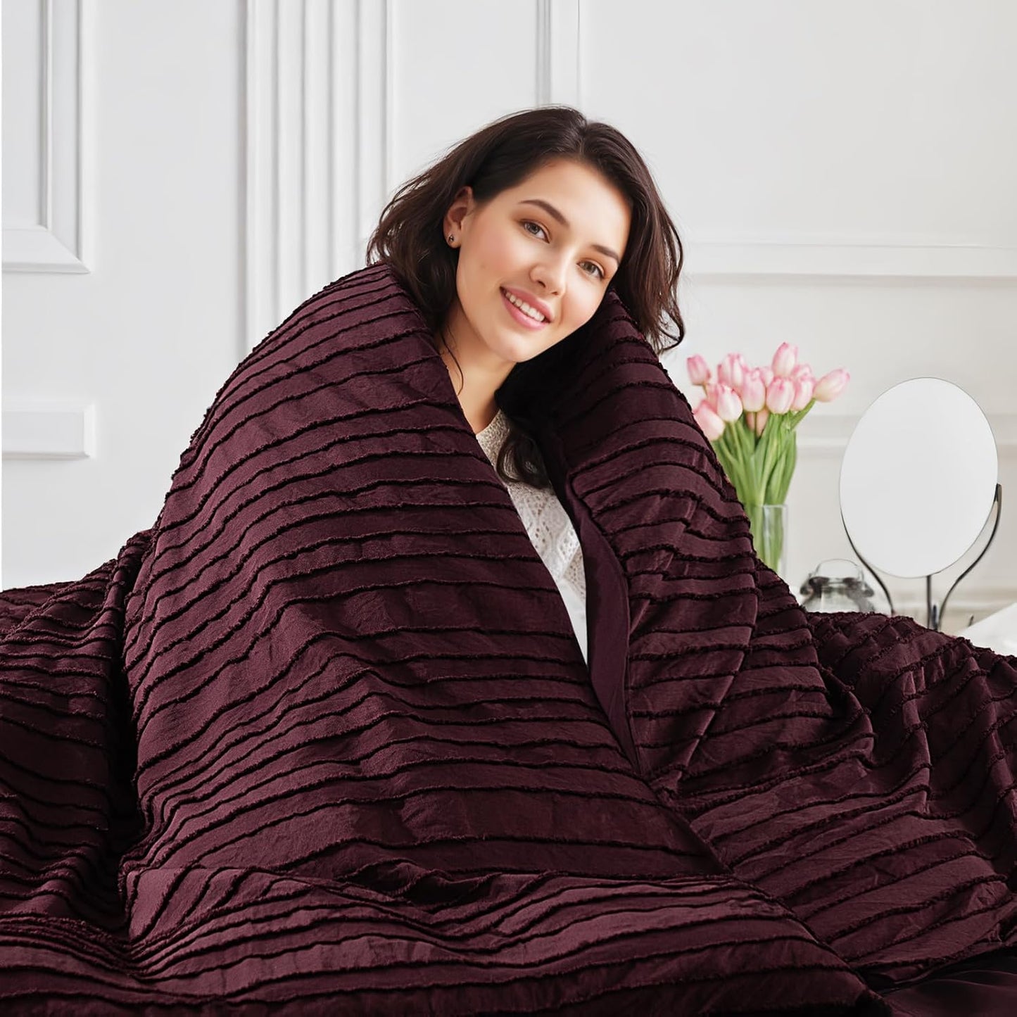 NEXHOME PRO Twin Duvet Cover, Blue 2 Pieces Boho Tufted Twin Size Duvet Cover Set, Soft and Lightweight Microfiber Comforter Cover Set for All Season (Burgundy,66 x 90)-No Comforter